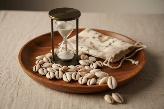 un sablier avec des cauris et sac disposé sur un plateau marron